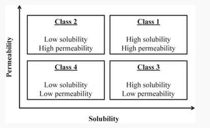 Table representing the Bioavailability Classification System with permeability and solubility of an API